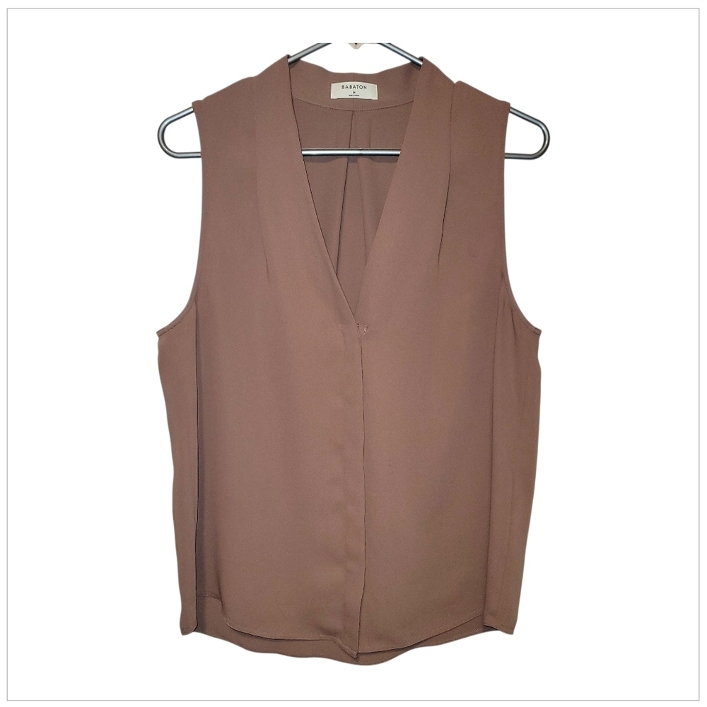 Babaton Sleeveless V-Neck Blouse • Mocha Brown • Minimal Chic • Size M